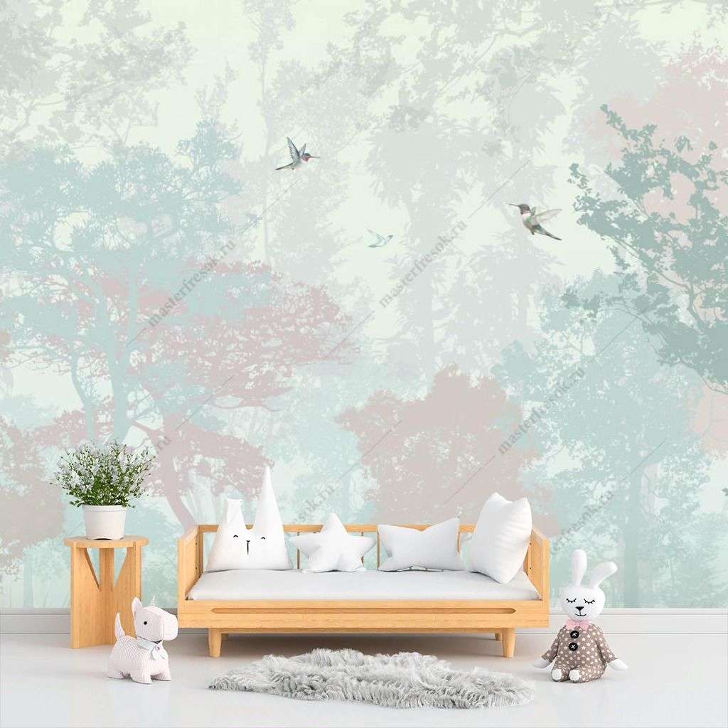 Фотообои в интерьере лошадка в туманном лесу  12-1314 фото