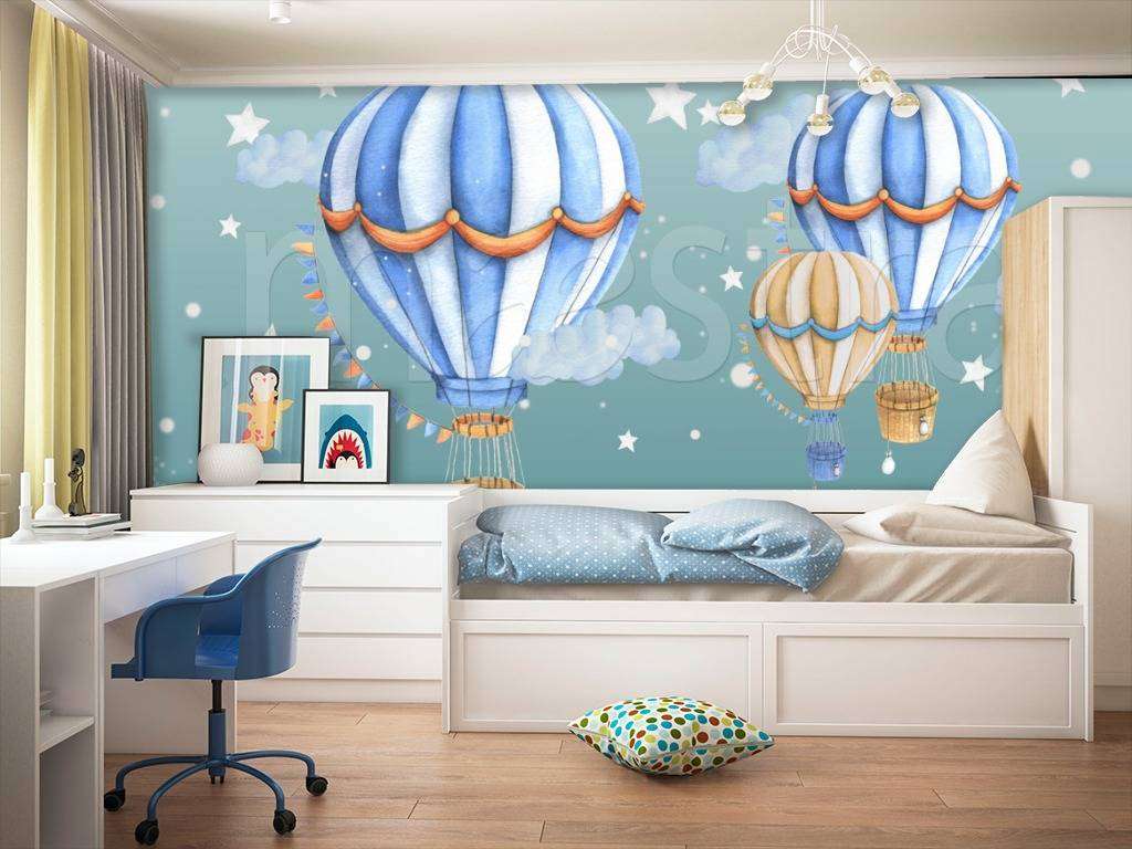 Фотообои в интерьере воздушные шары в сером небе  12-431 фото