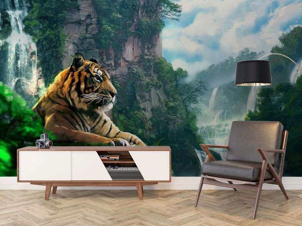 Фотообои в интерьере тигр у водопада  17-4303 фото