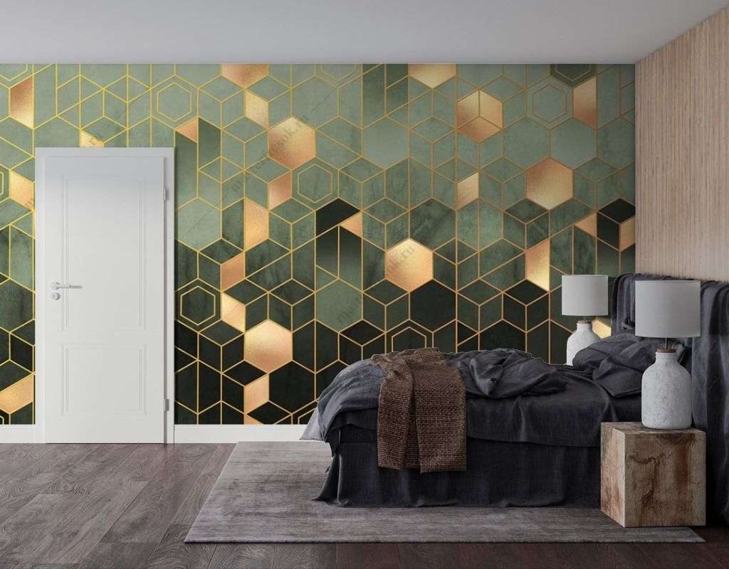 Фотообои в интерьере геометрия шестиугольники золотые  9-1511 фото
