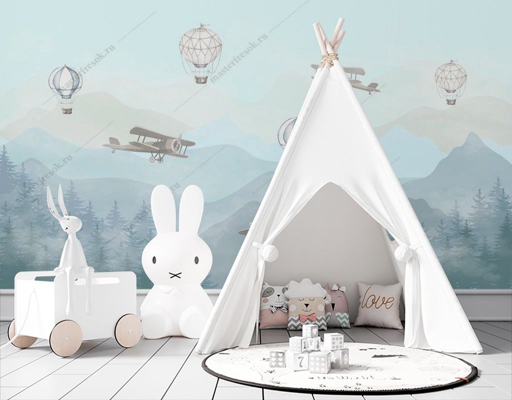 Фотообои Самолёты и воздушные шары над еловым лесом  12-1564