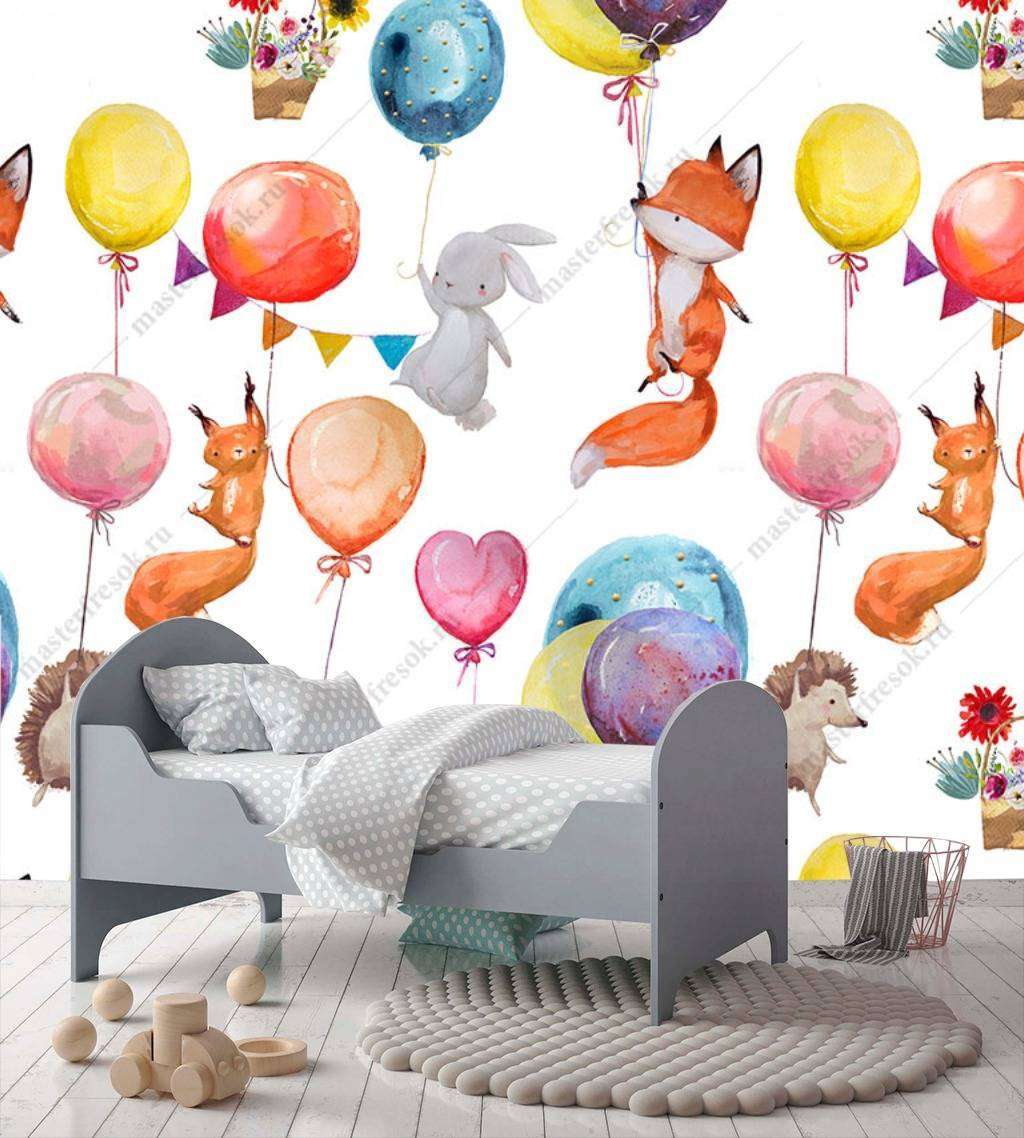 Фотообои в интерьере лисички на шариках  12-694 фото