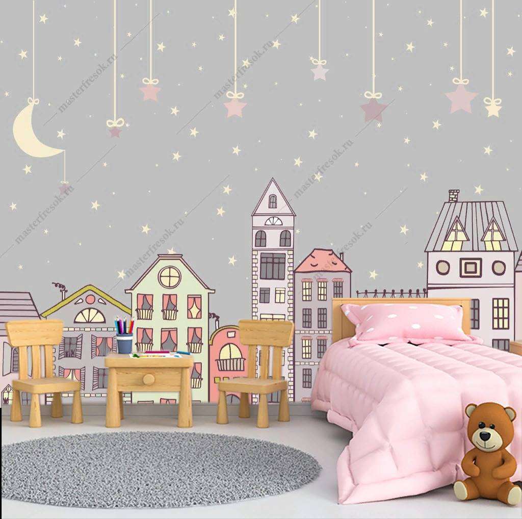 Фотообои в интерьере звездное небо над городком  14-156 фото