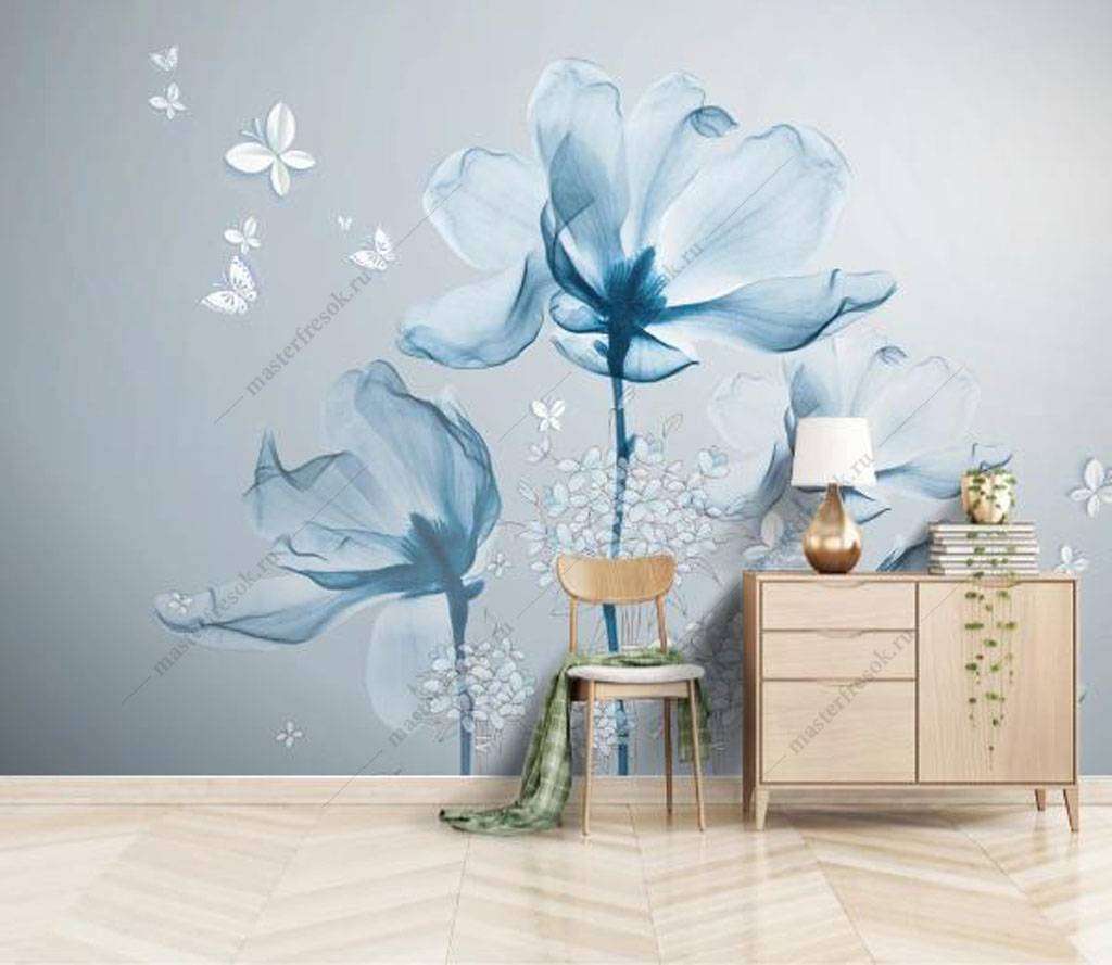 Фотообои в интерьере голубые цветочки  15-908 фото