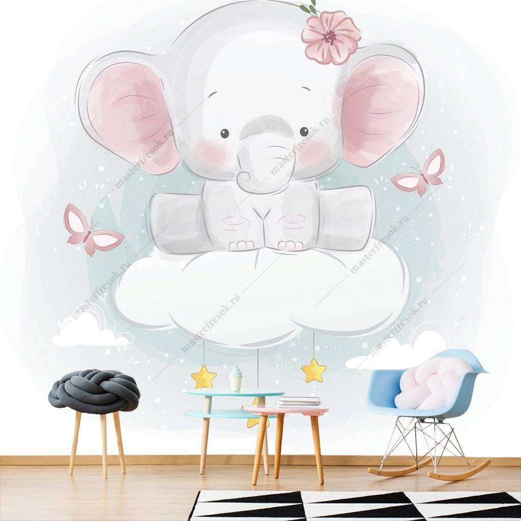Фотообои в интерьере слоник на облачке  12-458 фото