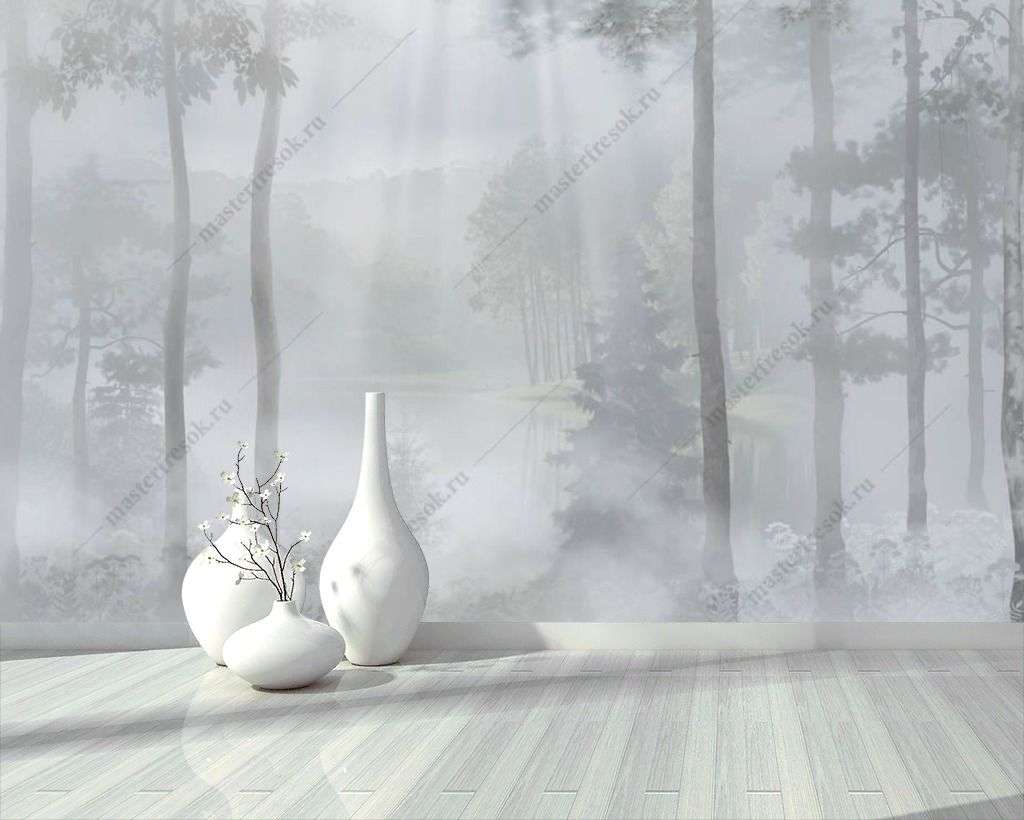 Фотообои в интерьере лес у озера в тумане  13-353 фото