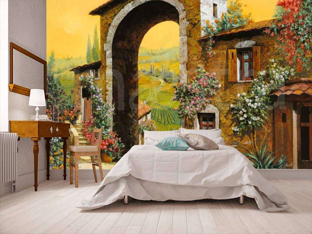 Фотообои в интерьере старинная улочка с аркой и живописными полями  8-004 фото