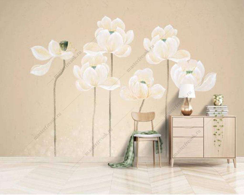 Фотообои в интерьере белые маки  15-892 фото