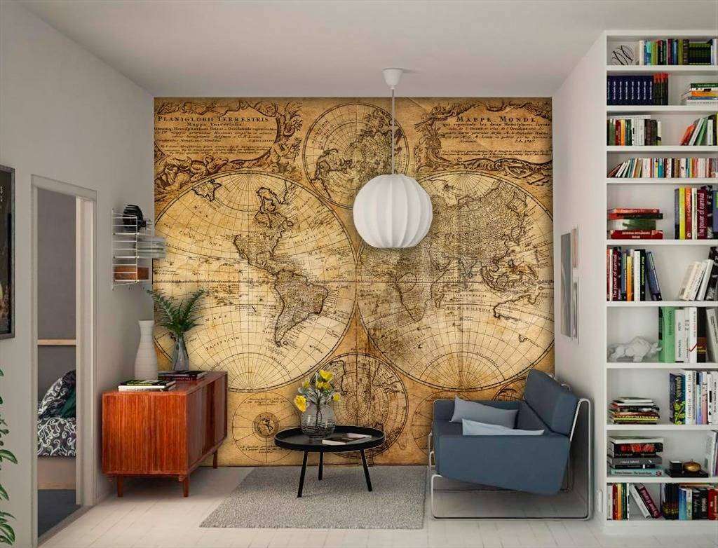 Фотообои в интерьере карта в коричневом цвете  9-431 фото