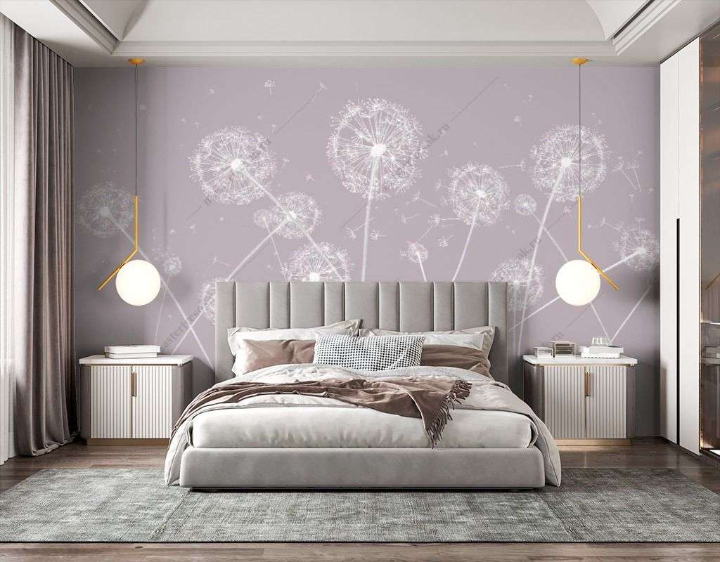 Фотообои в интерьере одуванчики на розовом фоне  14-527 фото