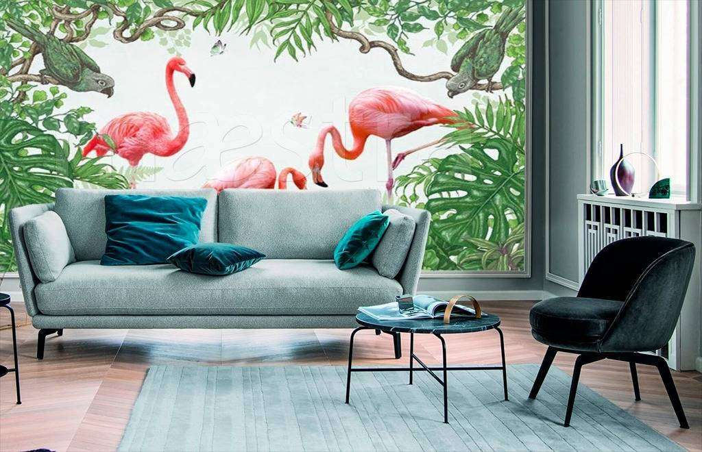Фотообои в интерьере фламинго в тропиках  15-527 фото