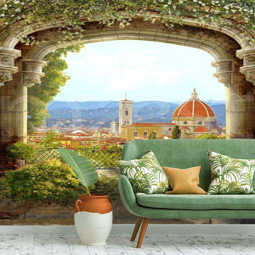Фотообои в интерьере арочная терраса с выходом на город  11-055 фото
