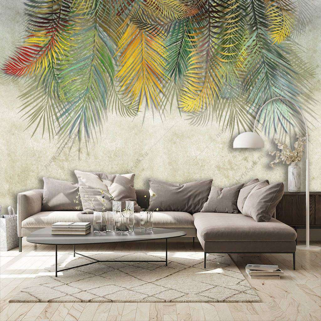 Фотообои в интерьере разноцветные листья пальмы  10-765 фото