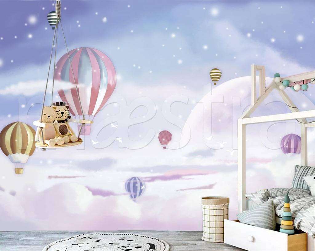 Фотообои в интерьере воздушные шары в розовом небе  12-430 фото