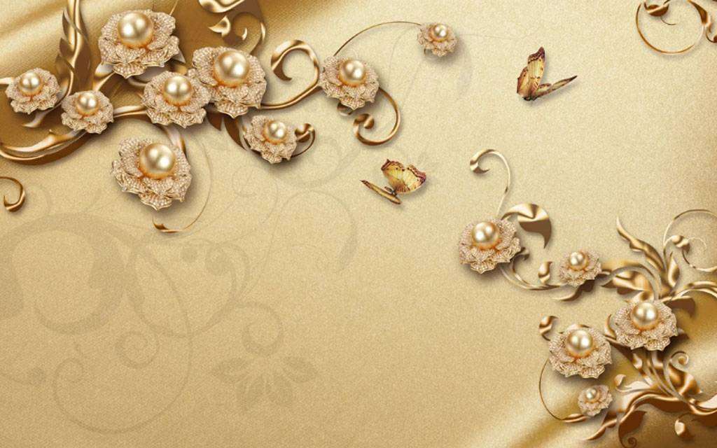 Фотообои в интерьере золотые бабочки на цветах  15-798 фото