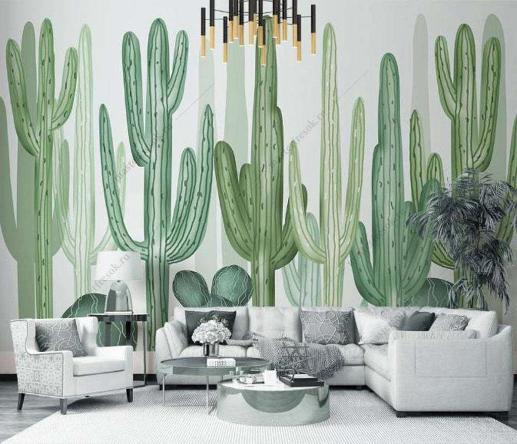Фотообои в интерьере зеленые кактусы  16-115 фото