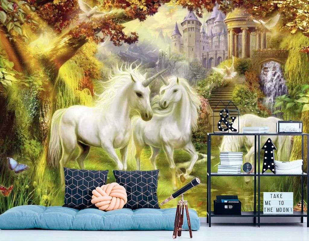 Фотообои в интерьере сказочный замок с единорогами  17-7205 фото