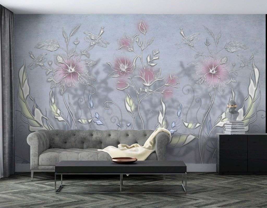 Фотообои в интерьере объемный рисунок цветы  13-746 фото