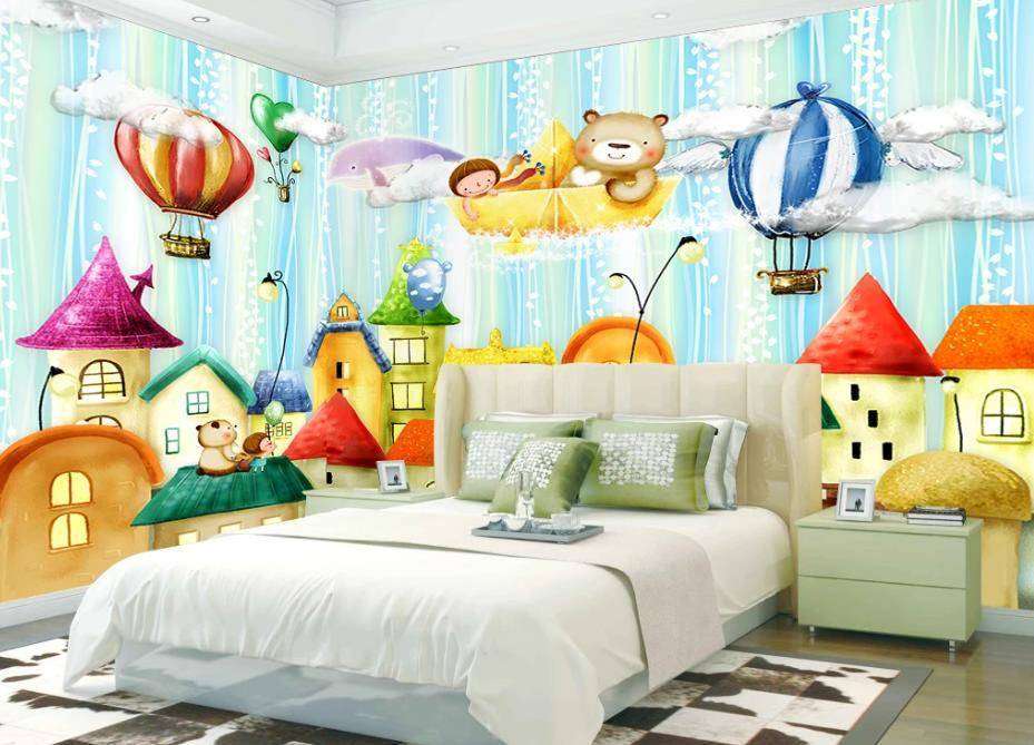 Фотообои в интерьере воздушные шары над домиками  15-310 фото
