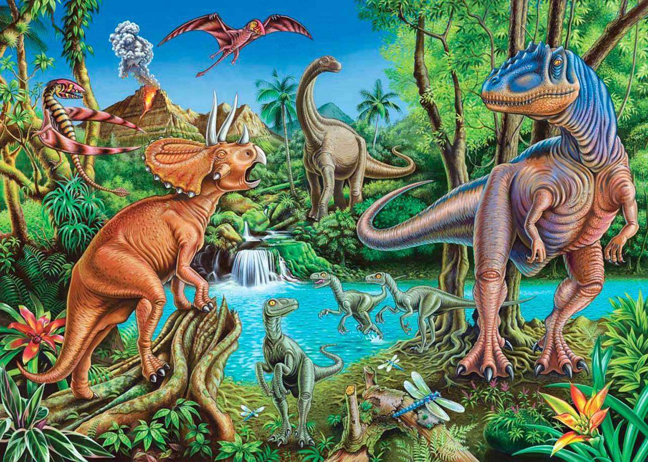 Фотообои в интерьере динозавры рядом с вулканом  8-304 фото