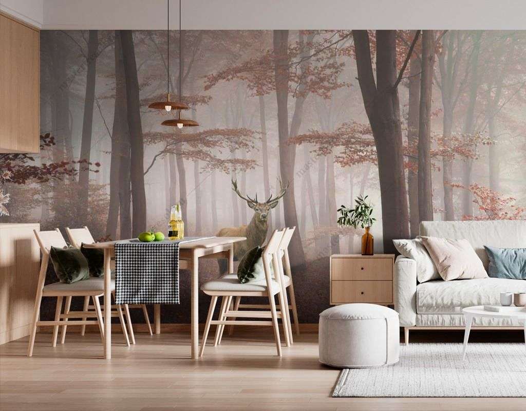 Фотообои в интерьере осенний лес с оленем  9-1529 фото