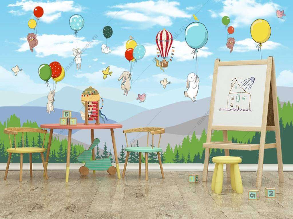 Фотообои в интерьере шарики над лесом  12-949 фото