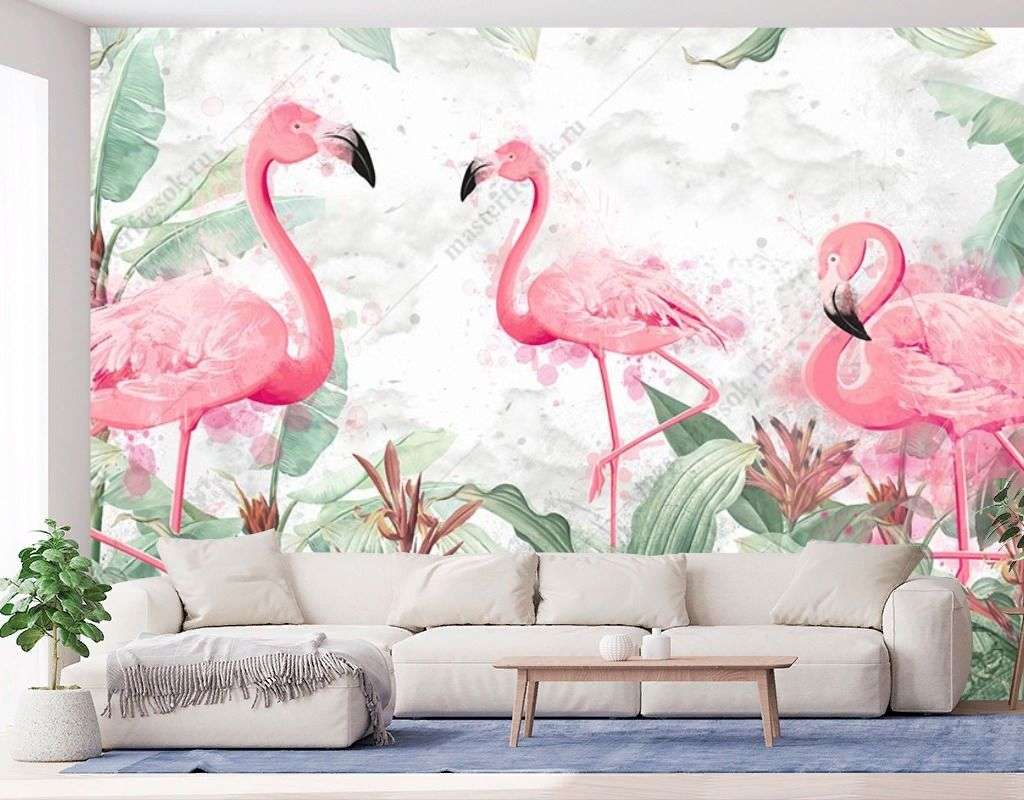 Фотообои в интерьере яркие фламинго в тропическом лесу  9-1690 фото