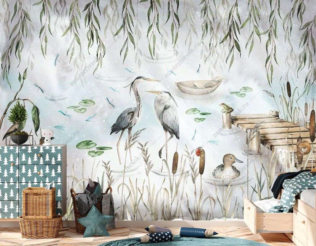 Фотообои в интерьере в детскую журавли на озере    9-1873 фото