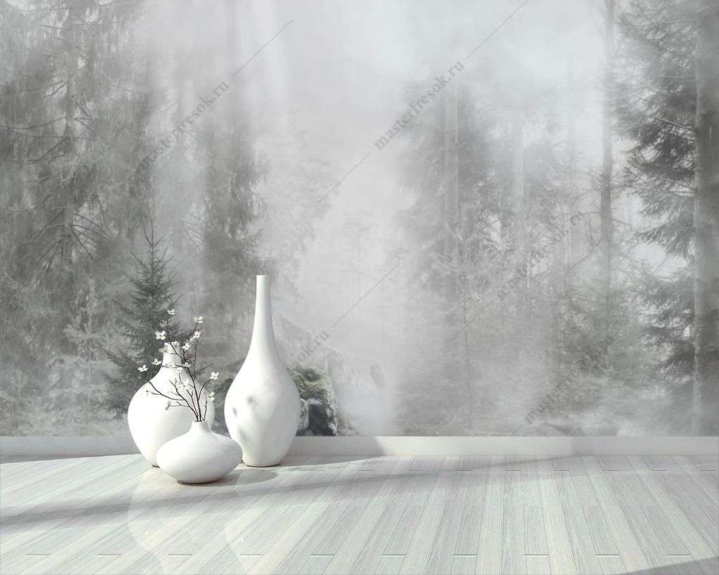 Фотообои в интерьере еловый туманный лес  13-351 фото