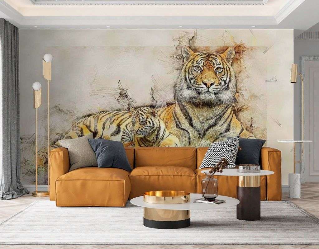Фотообои в интерьере тигр с тигрёнком  17-4297 фото