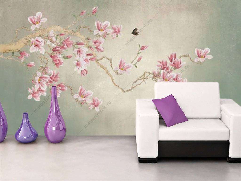 Фотообои в интерьере цветы и бабочки  15-915 фото