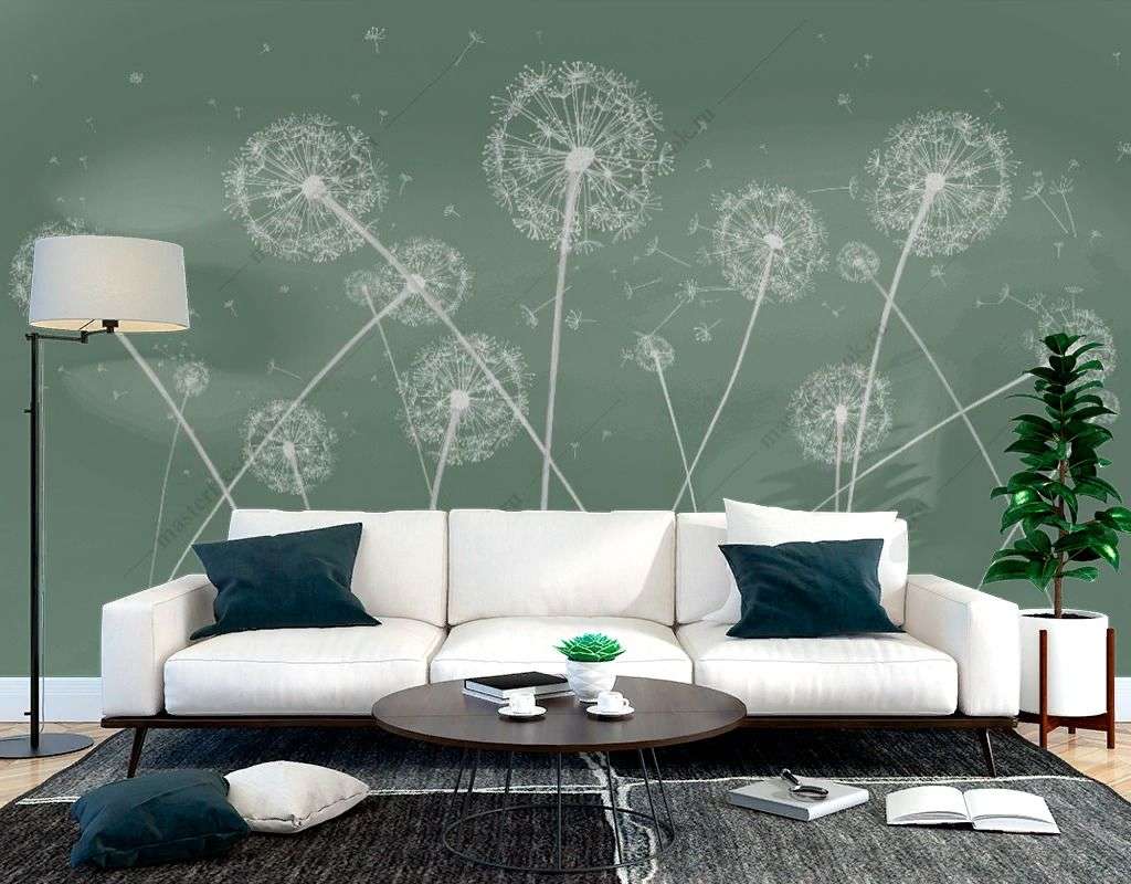 Фотообои в интерьере одуванчики на зелёном фоне  14-526 фото