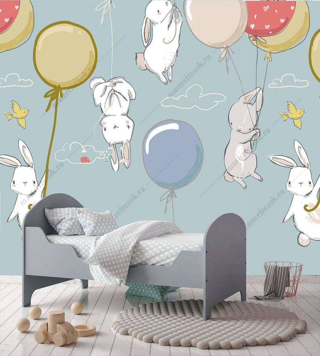 Фотообои в интерьере зайчики на воздушных шарах  12-724 фото