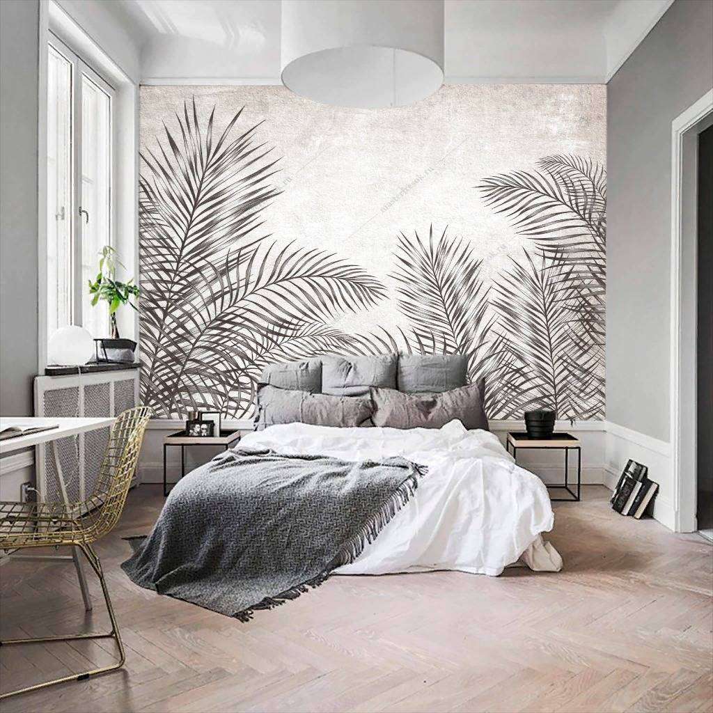 Фотообои в интерьере черно-белые листья  10-761 фото