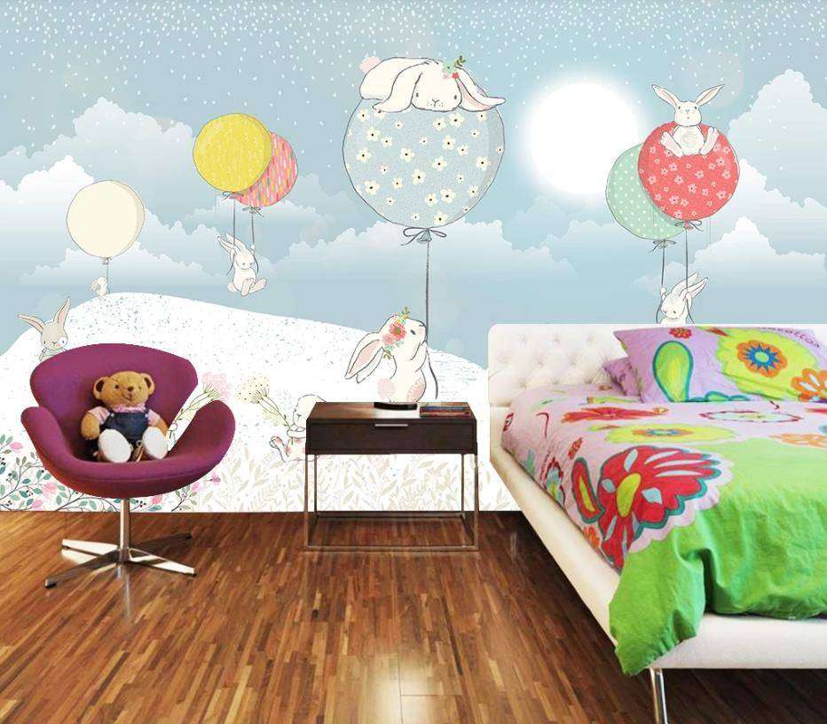 Фотообои в интерьере кролики на полянке с шарами  15-311 фото