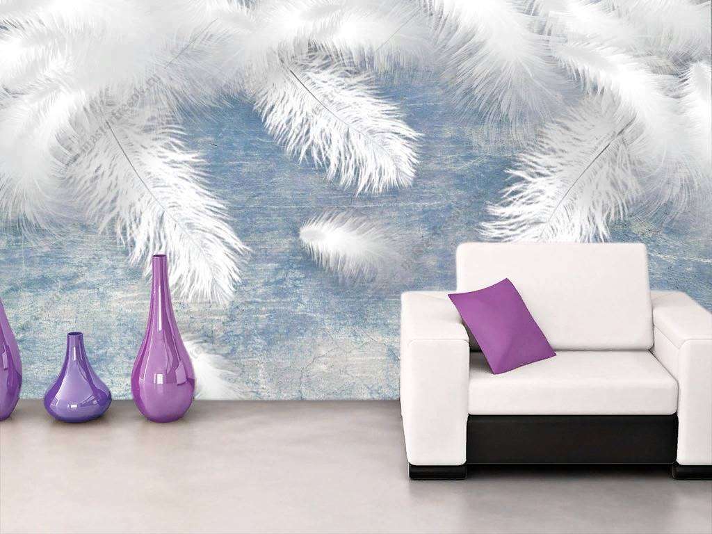 Фотообои в интерьере нежные перья на голубом фоне  10-850 фото