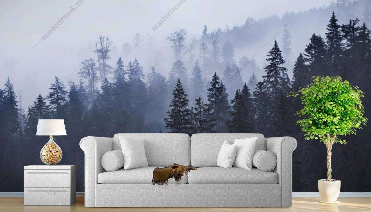Фотообои в интерьере еловый лес в тумане  9-1170 фото