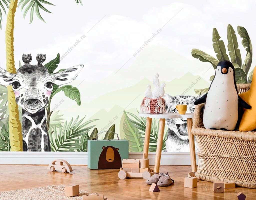 Фотообои в интерьере жираф и тигренок  14-431 фото