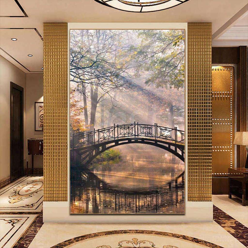 Фотообои в интерьере легкий мостик в солнечном лесу  9-174 фото