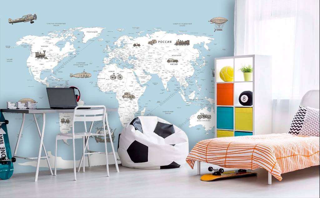 Фотообои в интерьере карта на голубом фоне  12-969 фото