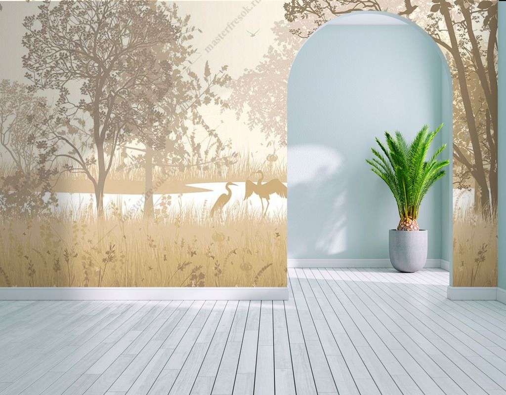 Фотообои в интерьере лес в бежевых оттенках  9-1633 фото