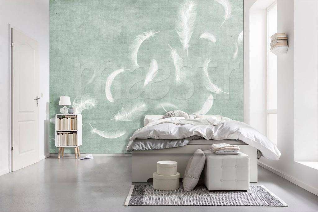 Фотообои в интерьере перья на нежном фоне  15-523 фото