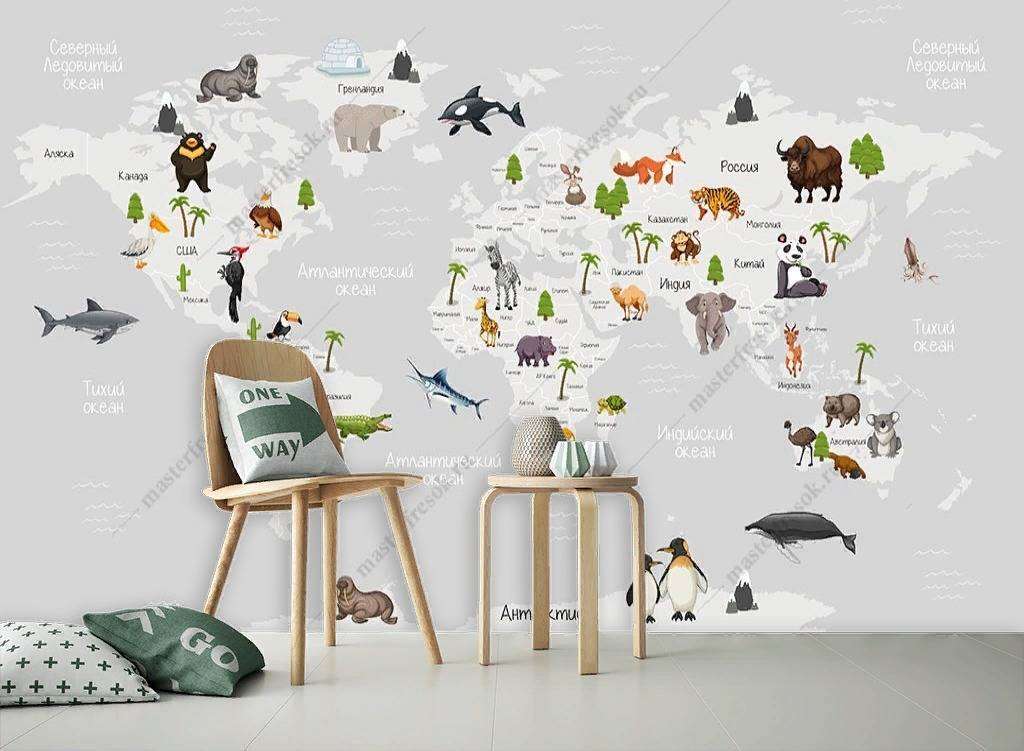 Фотообои в интерьере карта с животными  12-1148 фото