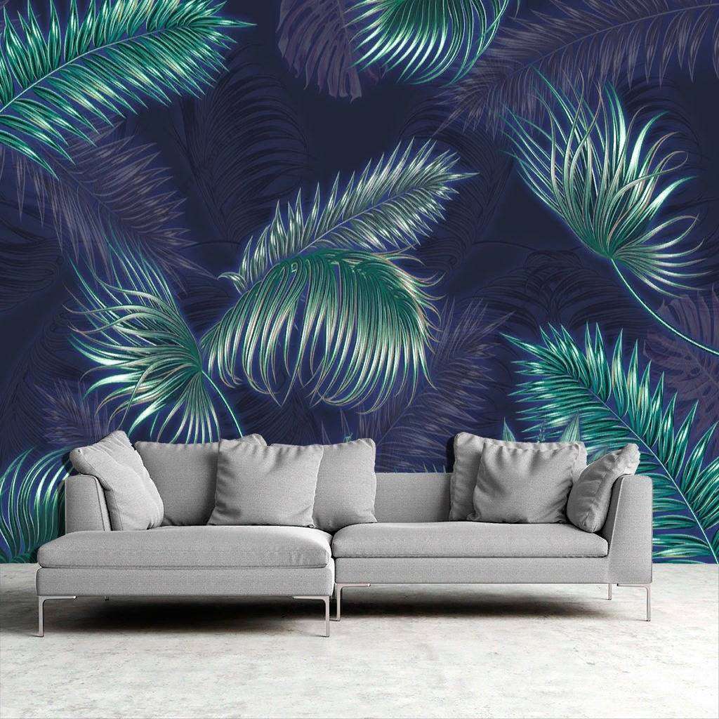 Фотообои в интерьере тропические листья на темном фоне  10-731 фото