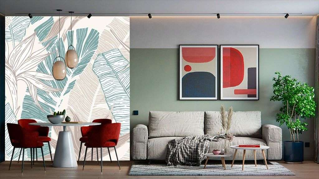 Фотообои в интерьере мятные тропические листья  9-1391 фото