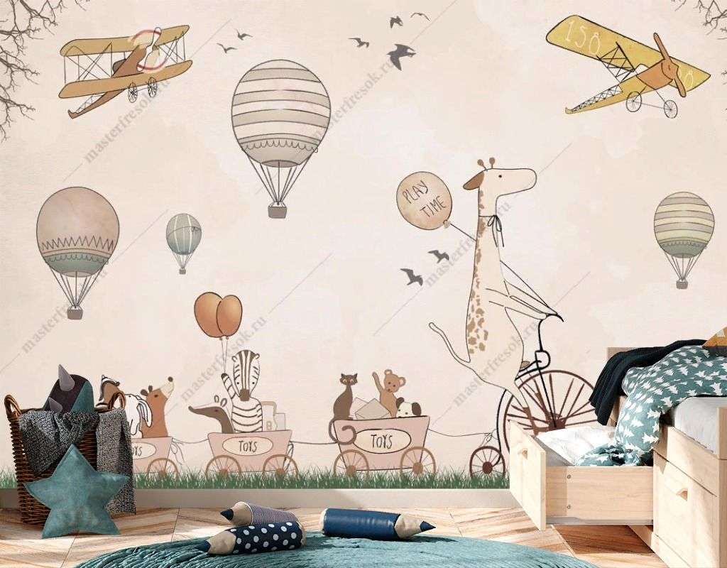 Фотообои в интерьере жираф на велосипеде с друзьями  14-695 фото