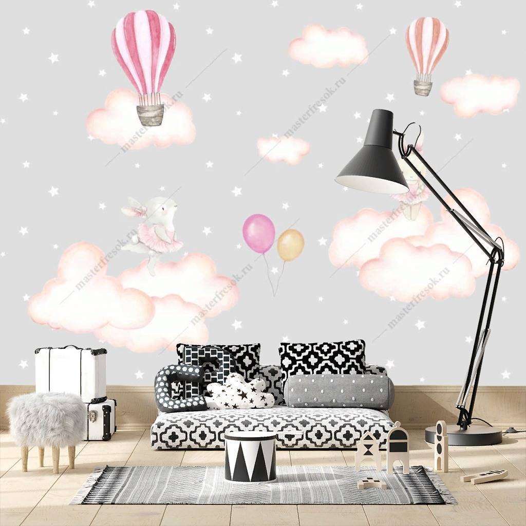 Фотообои в интерьере зайчики на воздушных облаках  12-1193 фото