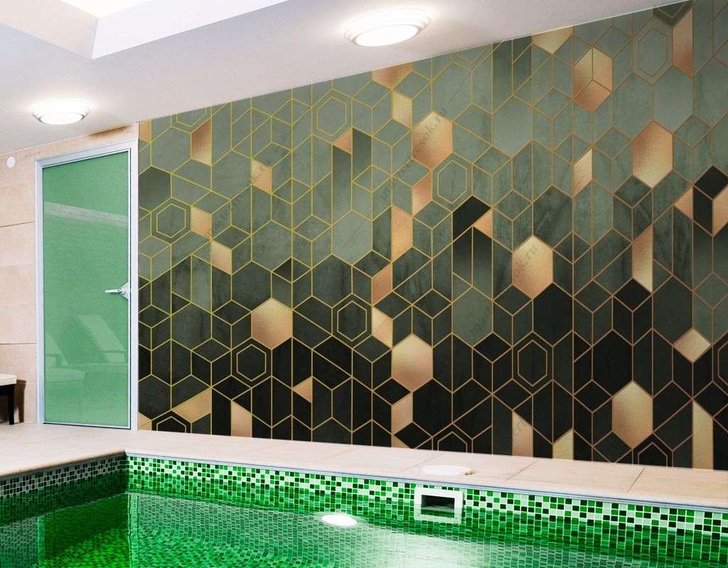 Фотообои в интерьере геометрия шестиугольники золотые  9-1511 фото