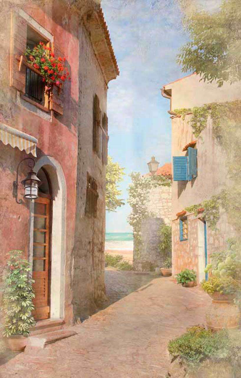 Фотообои в интерьере старинная улочка с выходом на море  11-039 фото