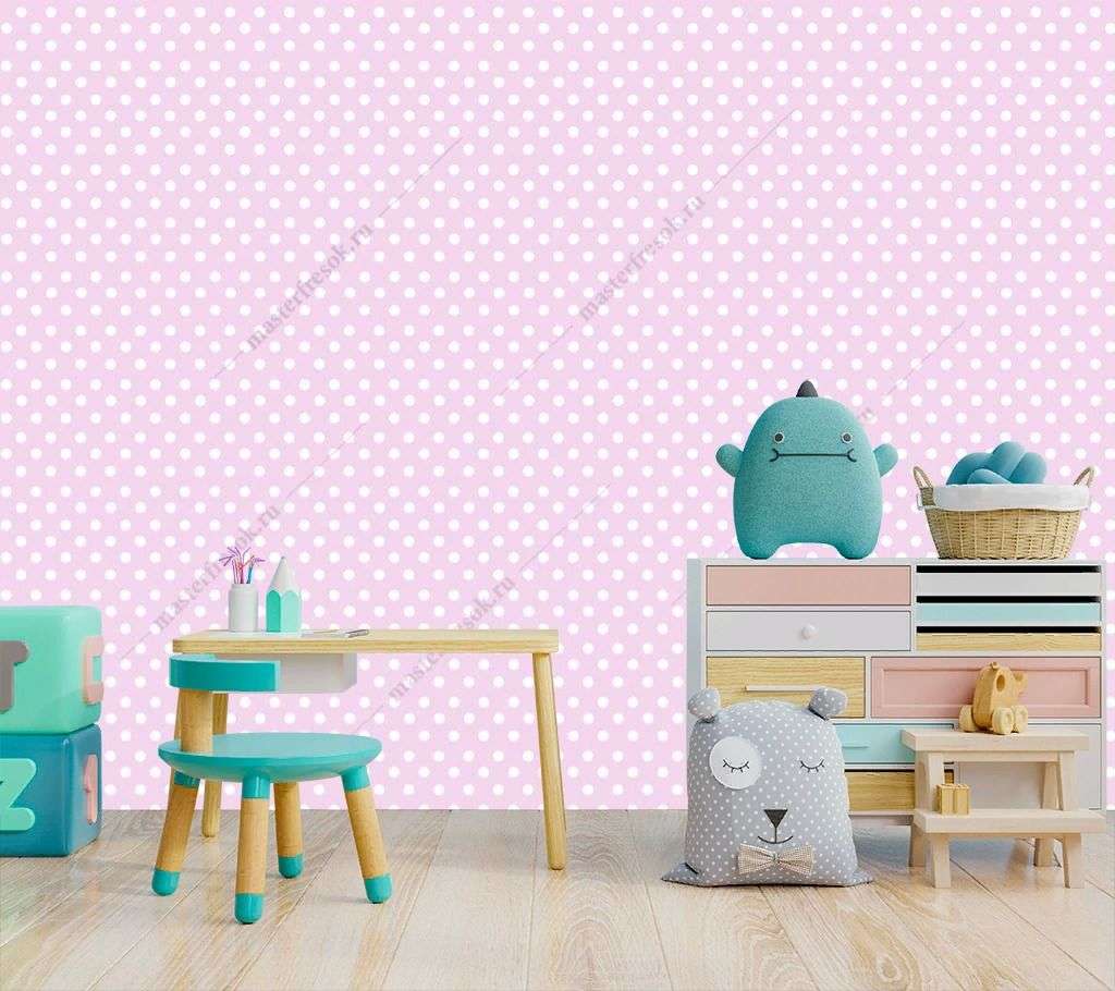 Фотообои в интерьере розовый фон в горошек  14-621 фото